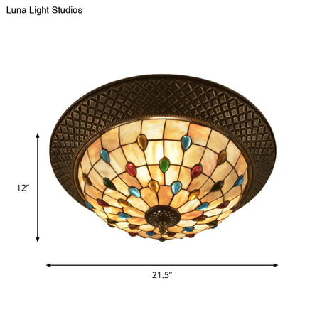 Bronze Cap Flush Mount Light With Tiffany Led Shell And Trellis Pattern