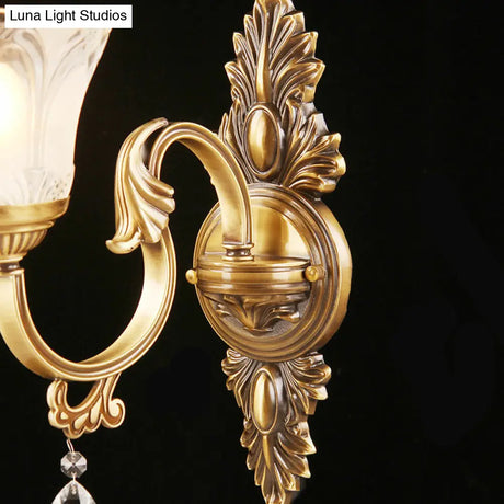 Bronze Floral Wall Sconce With Frosted White Glass - Single Bulb Light For Aisle Traditional Design