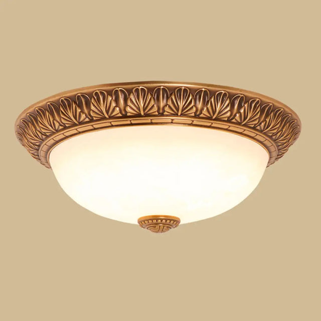 Bronze Flush Mount Light With Cream Glass Bowl And Floral Trim Traditional Led Ceiling Fixture -