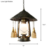 Bronze Head Hanging Pendant Lamp With Cream Glass Shade And Tassel Knot