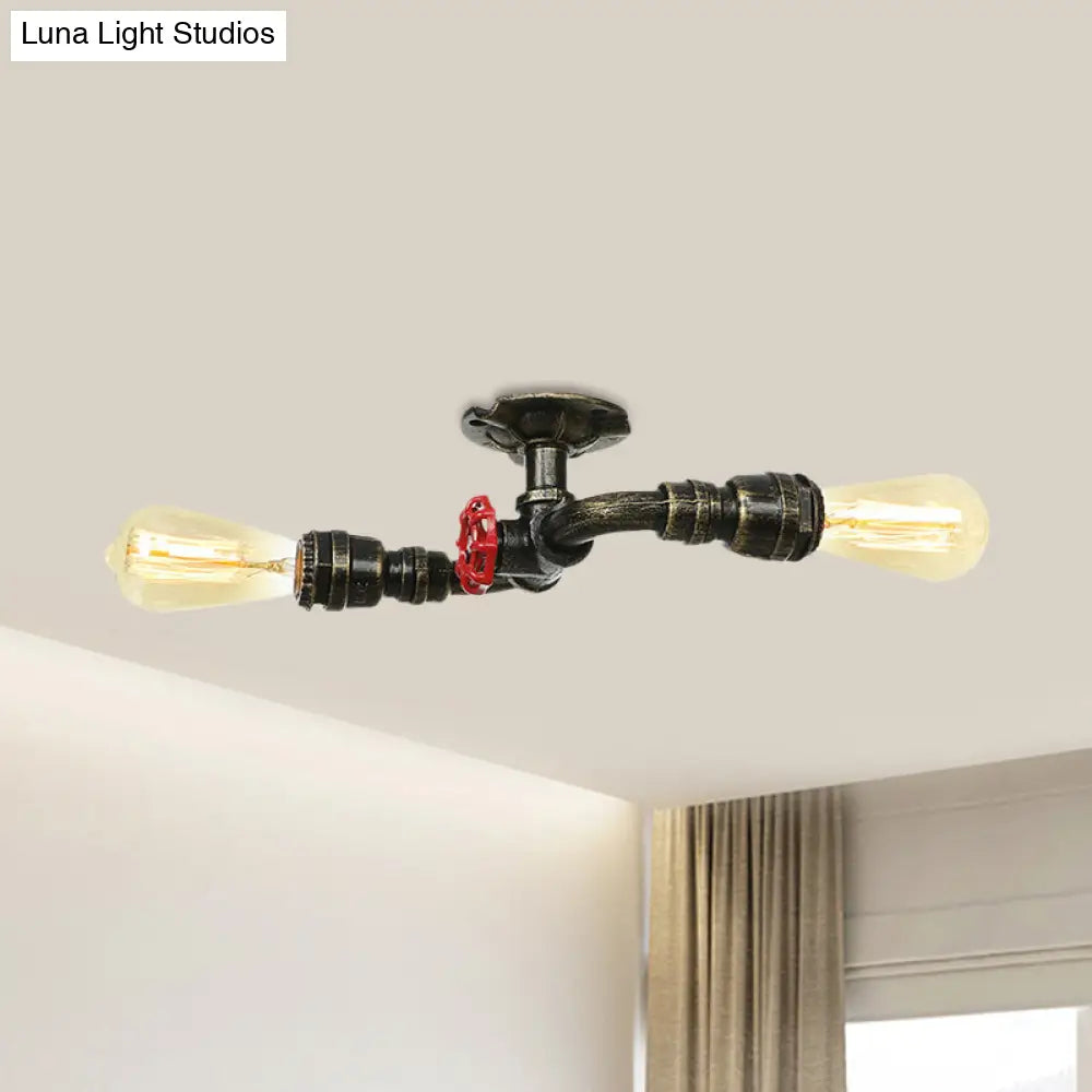 Bronze Industrial Semi Flush Light Fixture With Bare Bulb Design