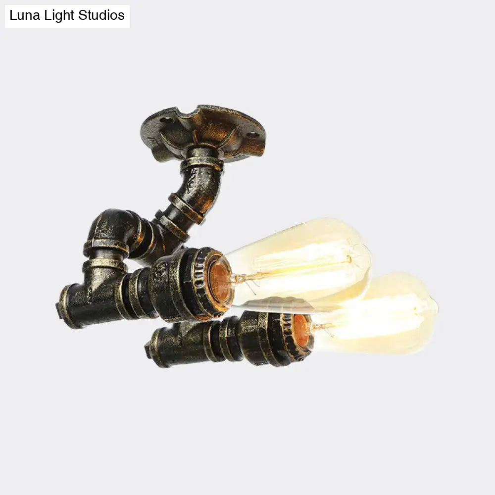 Bronze Industrial Semi Flush Light Fixture With Bare Bulb Design