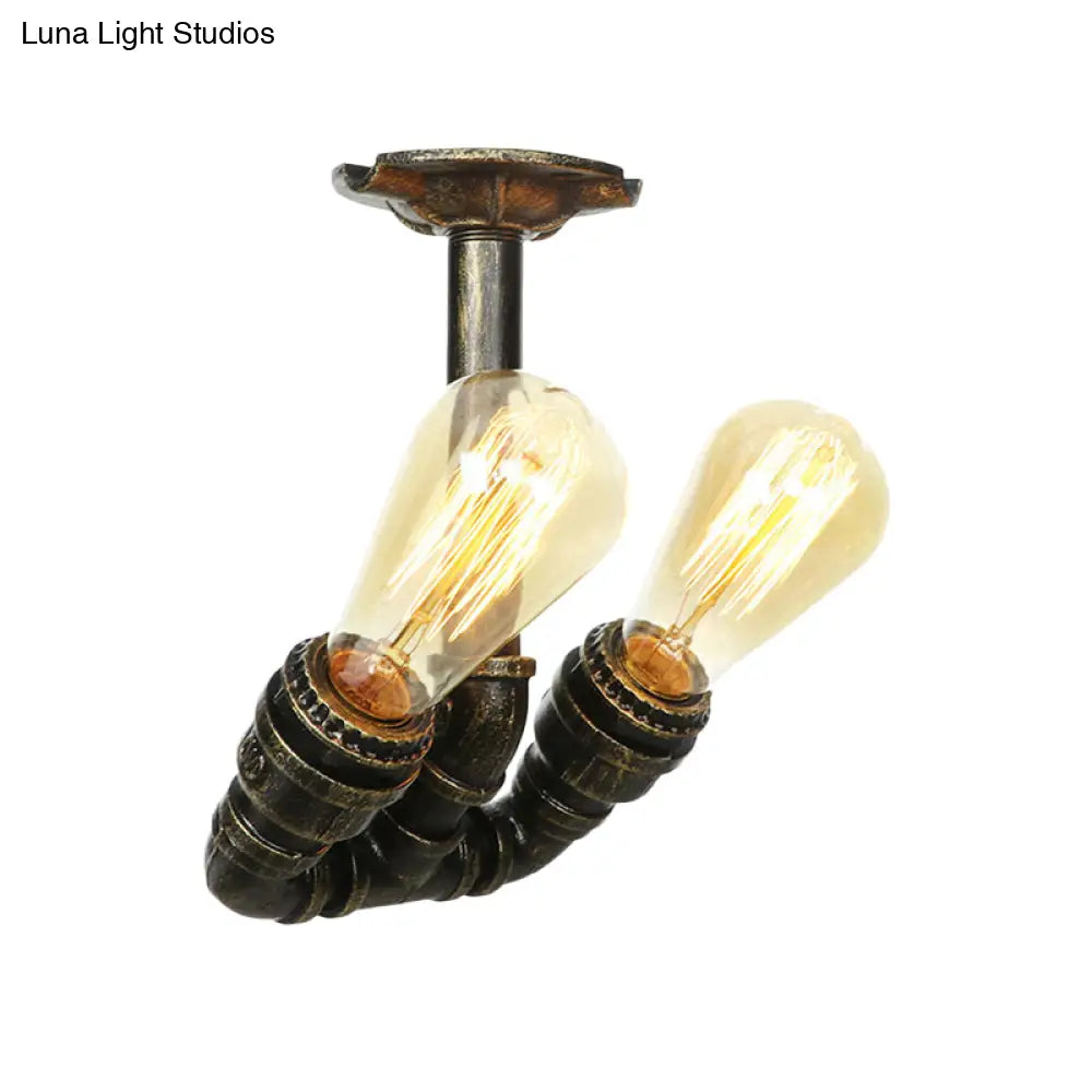 Bronze Industrial Semi Flush Light Fixture With Bare Bulb Design
