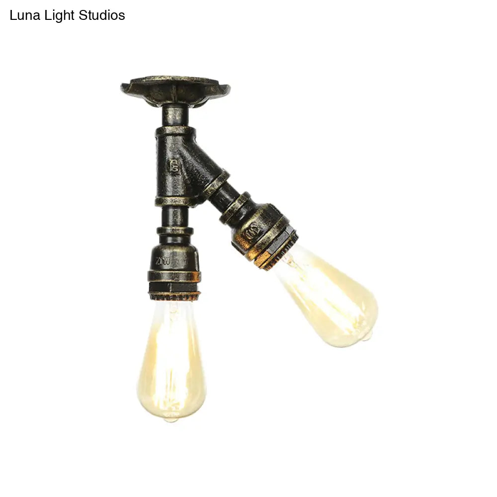 Bronze Industrial Semi Flush Light Fixture With Bare Bulb Design