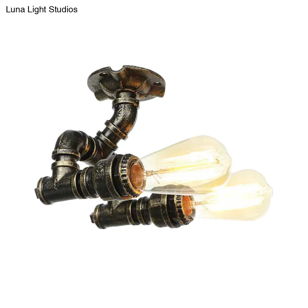 Bronze Industrial Semi Flush Light Fixture With Bare Bulb Design