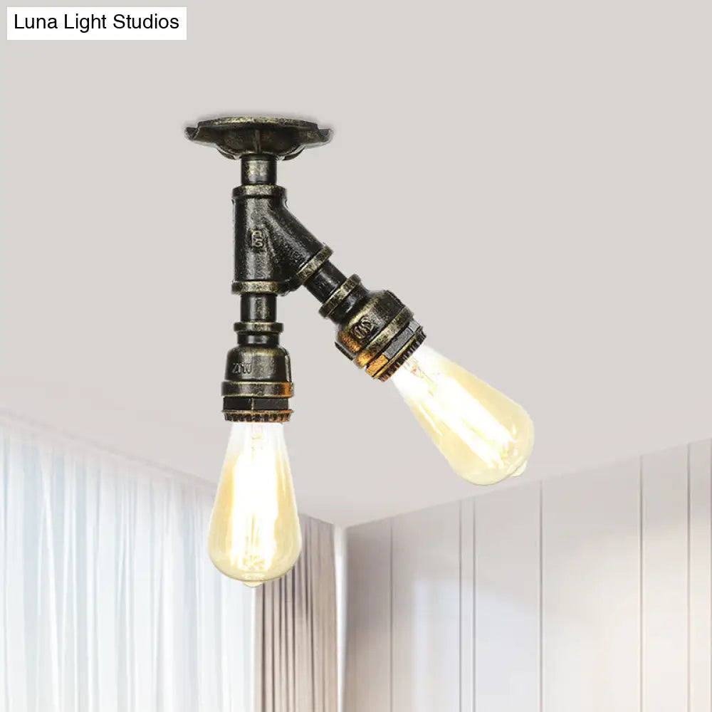 Bronze Industrial Semi Flush Light Fixture With Bare Bulb Design / A