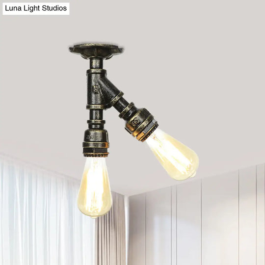 Bronze Industrial Semi Flush Light Fixture With Bare Bulb Design / A