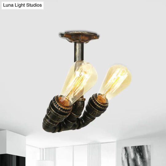 Bronze Industrial Semi Flush Light Fixture With Bare Bulb Design