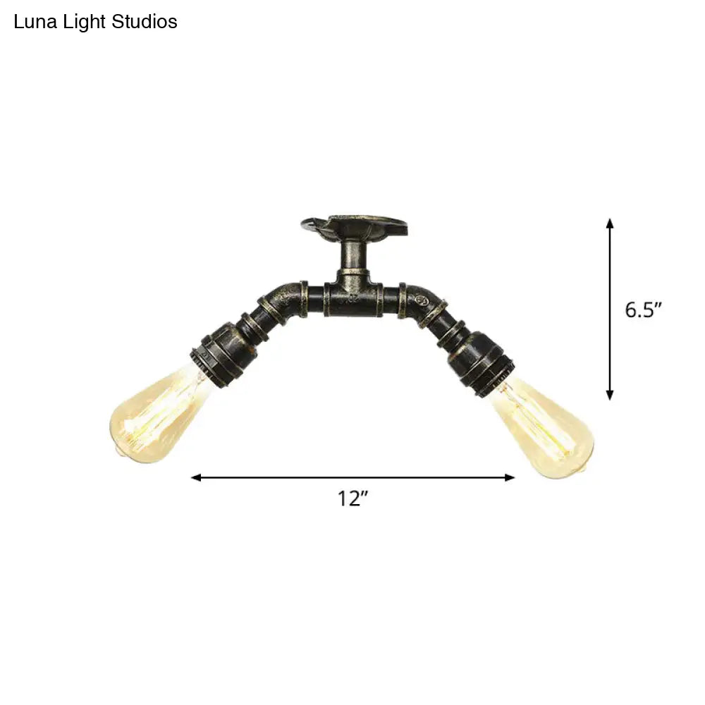 Bronze Industrial Semi Flush Light Fixture With Bare Bulb Design