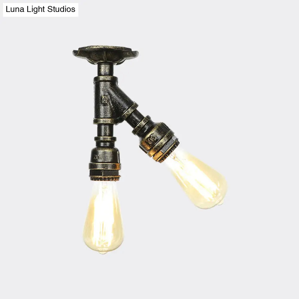Bronze Industrial Semi Flush Light Fixture With Bare Bulb Design