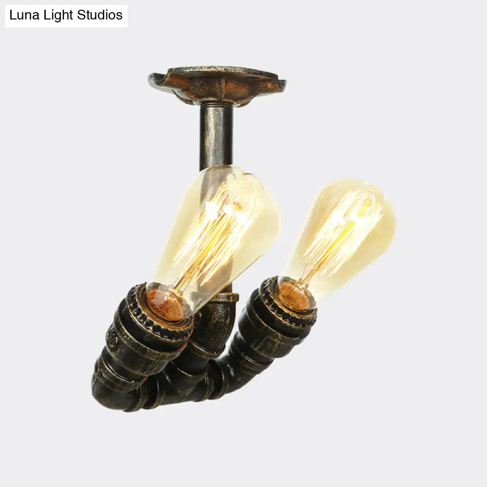 Bronze Industrial Semi Flush Light Fixture With Bare Bulb Design