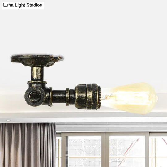 Bronze Rustic Water Pipe Semi Flushmount Ceiling Fixture - 1-Head Metallic Mount / C