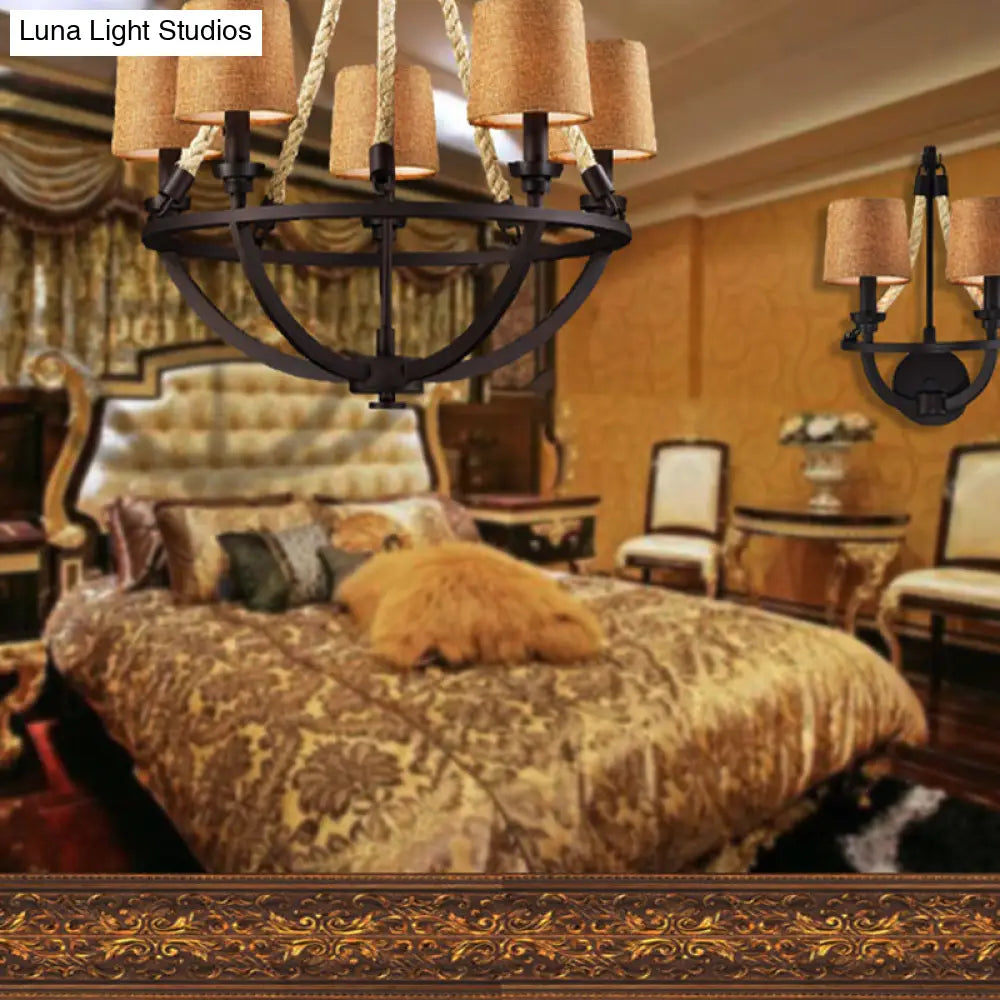 Bronze Semi-Circle Cage Pendant Chandelier - 5 Lights Country Metal Fabric Shade