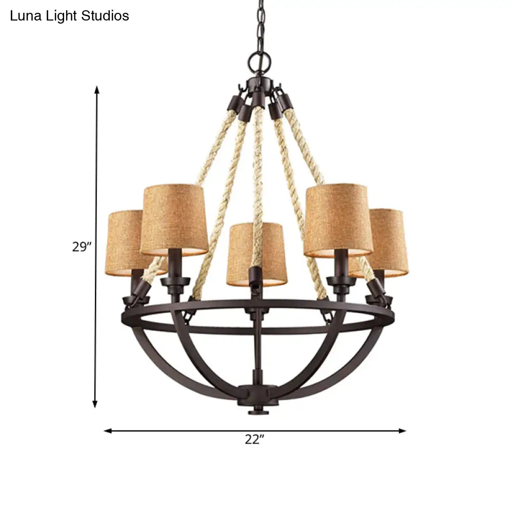 Bronze Semi-Circle Cage Pendant Chandelier - 5 Lights Country Metal Fabric Shade