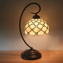 Bronze Tiffany Night Table Lamp With Beaded Patterned Shade - Swirl Arm Beige/White Glass