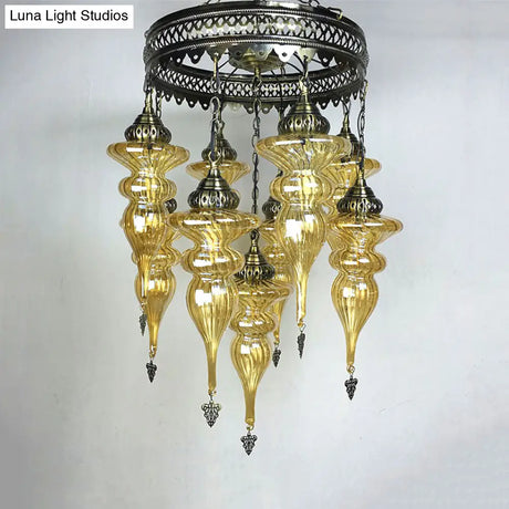 Bronze Traditional Curved Chandelier With Colorful Glass - 9 Bulb Suspension Light