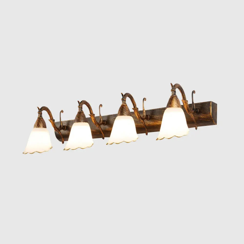 Bronze Wall Lamp With Country Flower Shade And White Rid Glass For Vanity Lighting 4 /