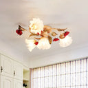 Brown 4/7/9 - Bulb Semi Flush Mount Pastoral Frosted Glass Ceiling Light With Red Flower Design 4 /