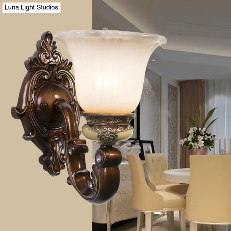 Brown Antiqued Invert Bell Single Light Wall Sconce With Cream Fluted Glass