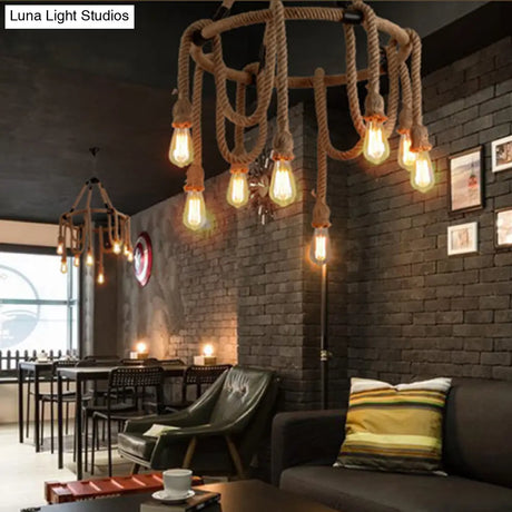 Brown Circle Ceiling Suspension Lamp - Lodge Style 6/8 Lights Restaurant Chandelier With Naked Bulb