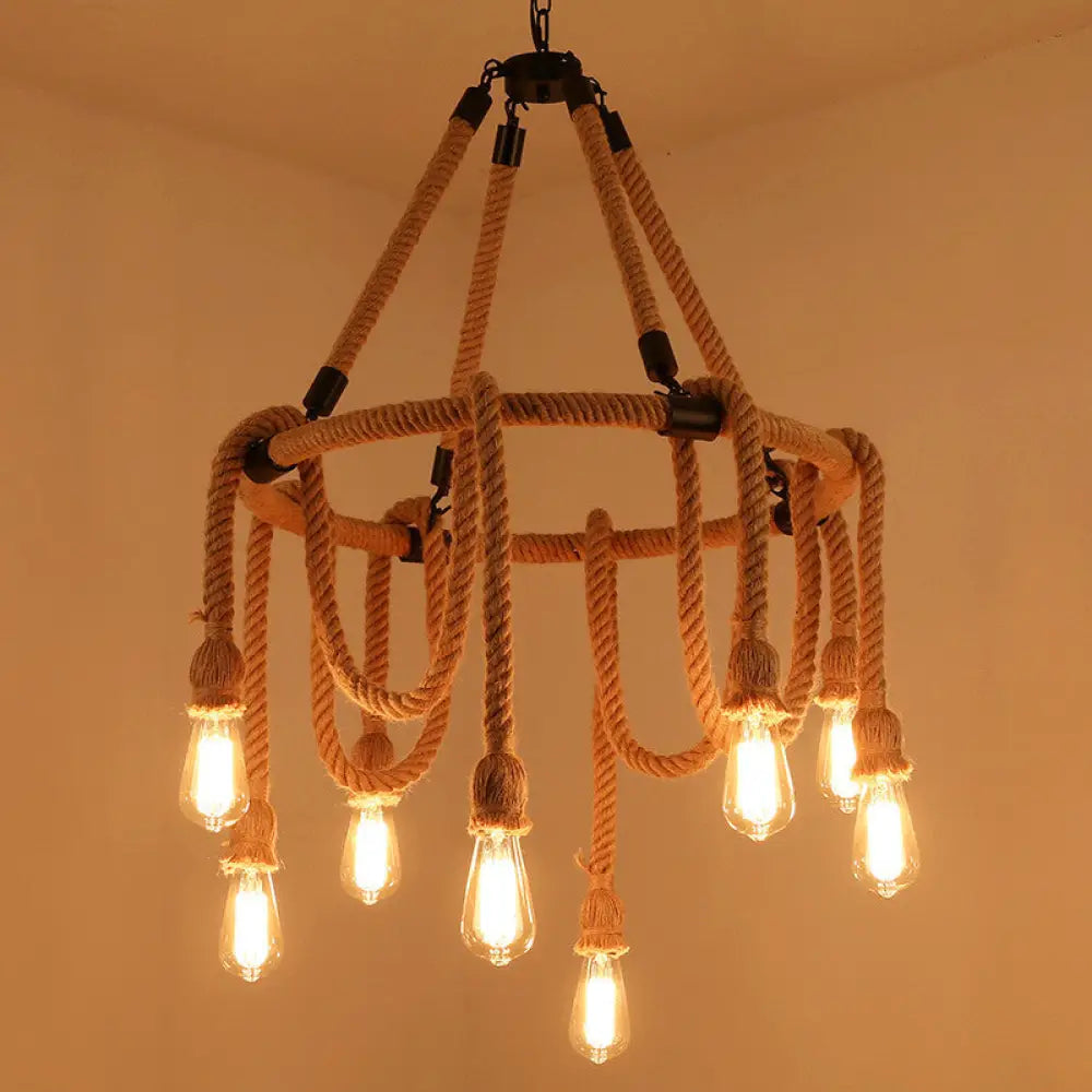 Brown Circle Ceiling Suspension Lamp - Lodge Style 6/8 Lights Restaurant Chandelier With Naked Bulb