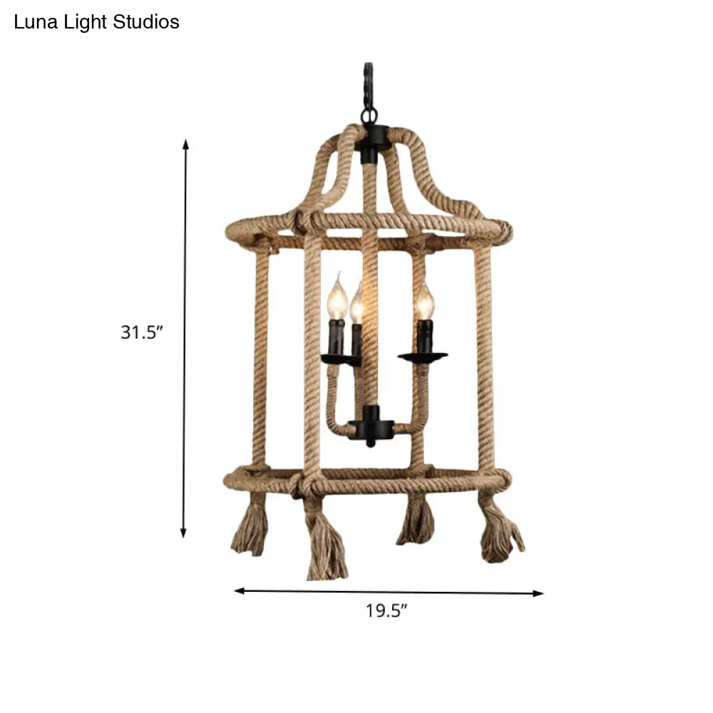 Brown Geometric Ceiling Light With Retro Style Cage Shade - Hemp Rope 3 Lights Dining Room