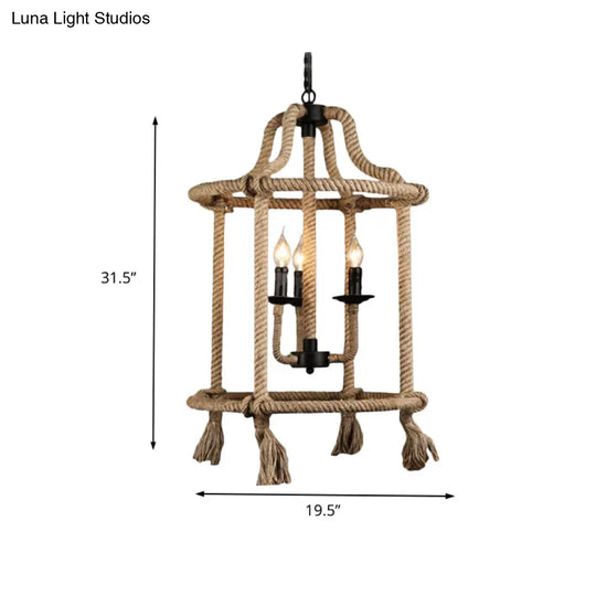 Brown Geometric Ceiling Light With Retro Style Cage Shade - Hemp Rope 3 Lights Dining Room