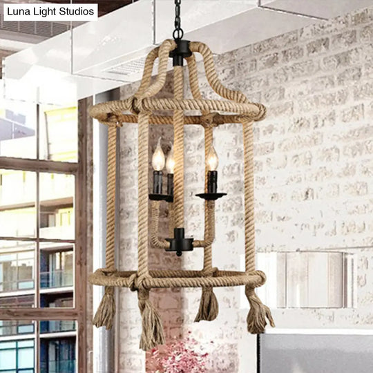 Brown Geometric Ceiling Light With Retro Style Cage Shade - Hemp Rope 3 Lights Dining Room