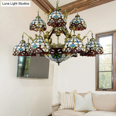 Brown Mermaid Design Chandelier Pendant Lamp With Tiffany Cut Glass Dome For Living Room - 15 Lights