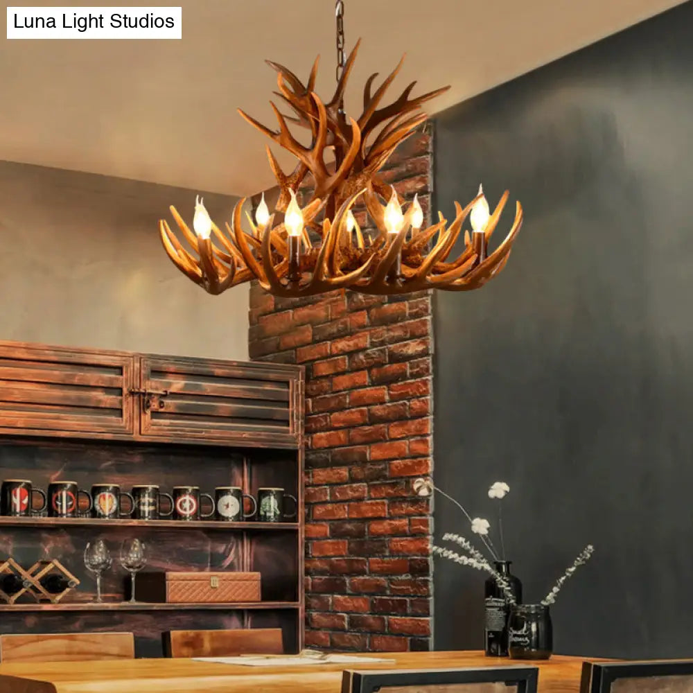 Brown Resin Candelabra Chandelier: 9-Head Pendant Ceiling Light For Rural Restaurants