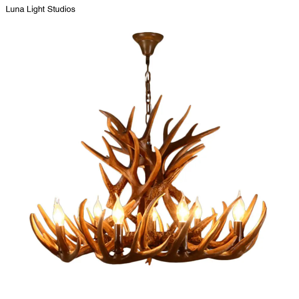 Brown Resin Candelabra Chandelier: 9-Head Pendant Ceiling Light For Rural Restaurants