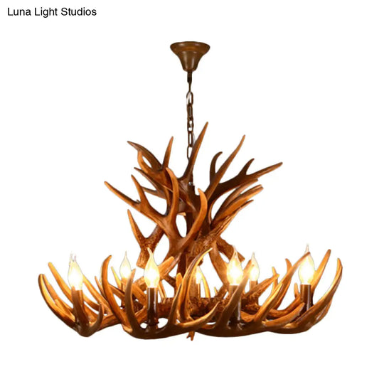 Brown Resin Candelabra Chandelier: 9-Head Pendant Ceiling Light For Rural Restaurants