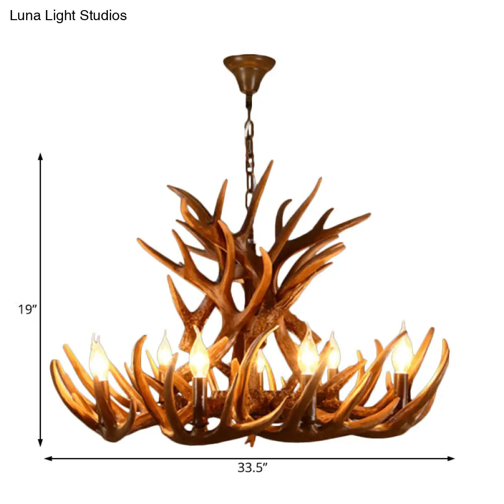 Brown Resin Candelabra Chandelier: 9-Head Pendant Ceiling Light For Rural Restaurants