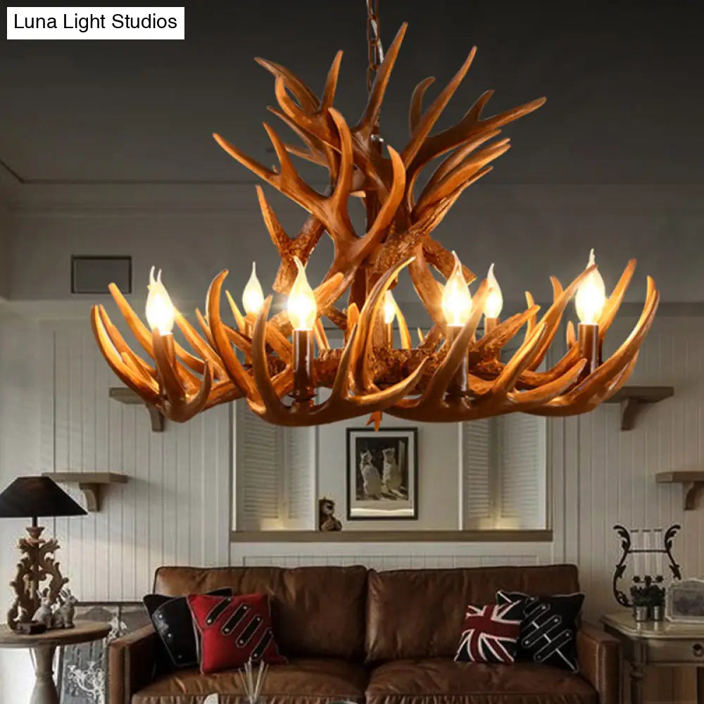 Brown Resin Candelabra Chandelier: 9-Head Pendant Ceiling Light For Rural Restaurants