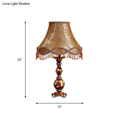 Brown Tapered Shade Table Lamp - 13/18 Height Traditional Fabric Leaf Design Ideal For Living Room