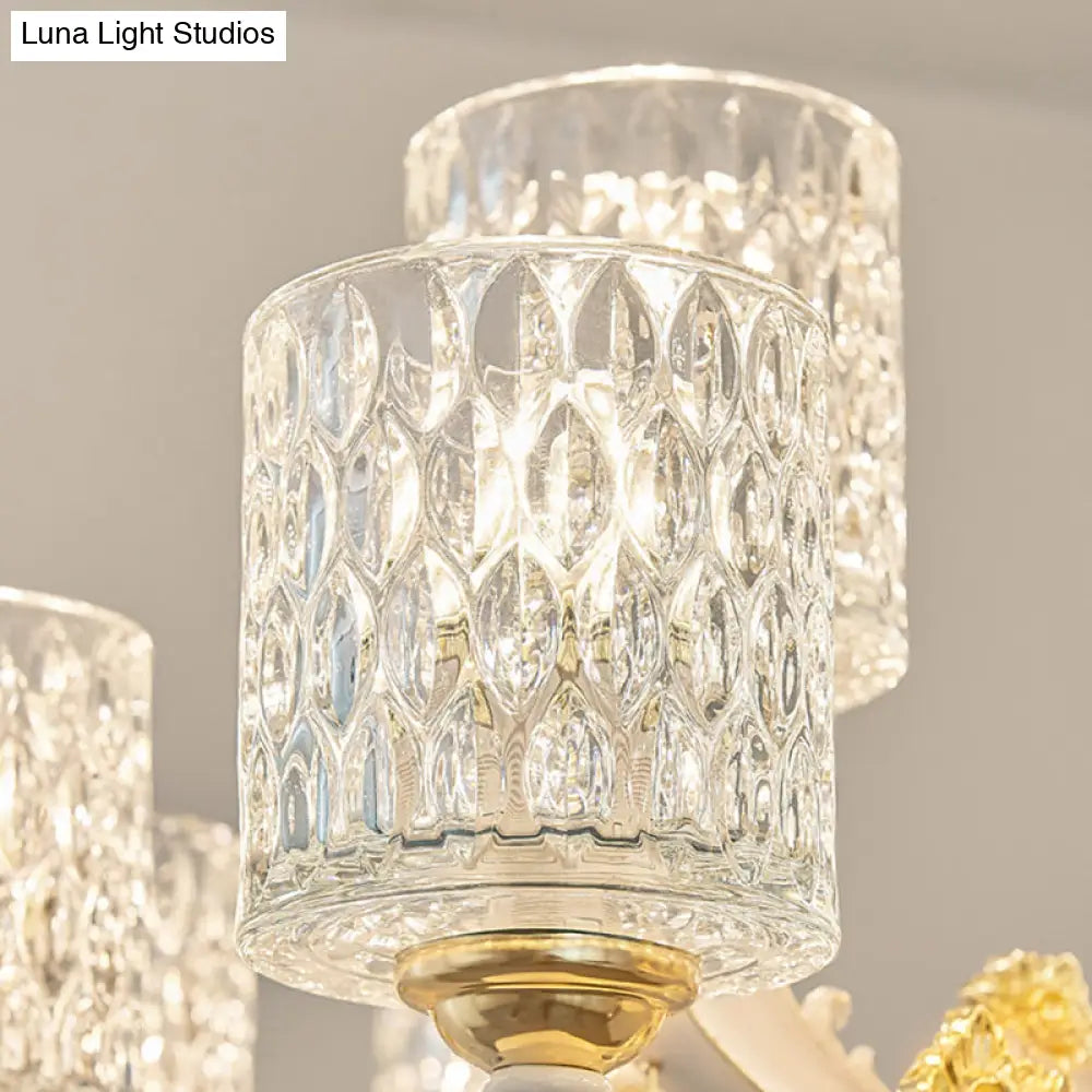 Brushed Brass Pendant Light Kit - Postmodern Glass Cylinder Design With 10 Dimpled Heads