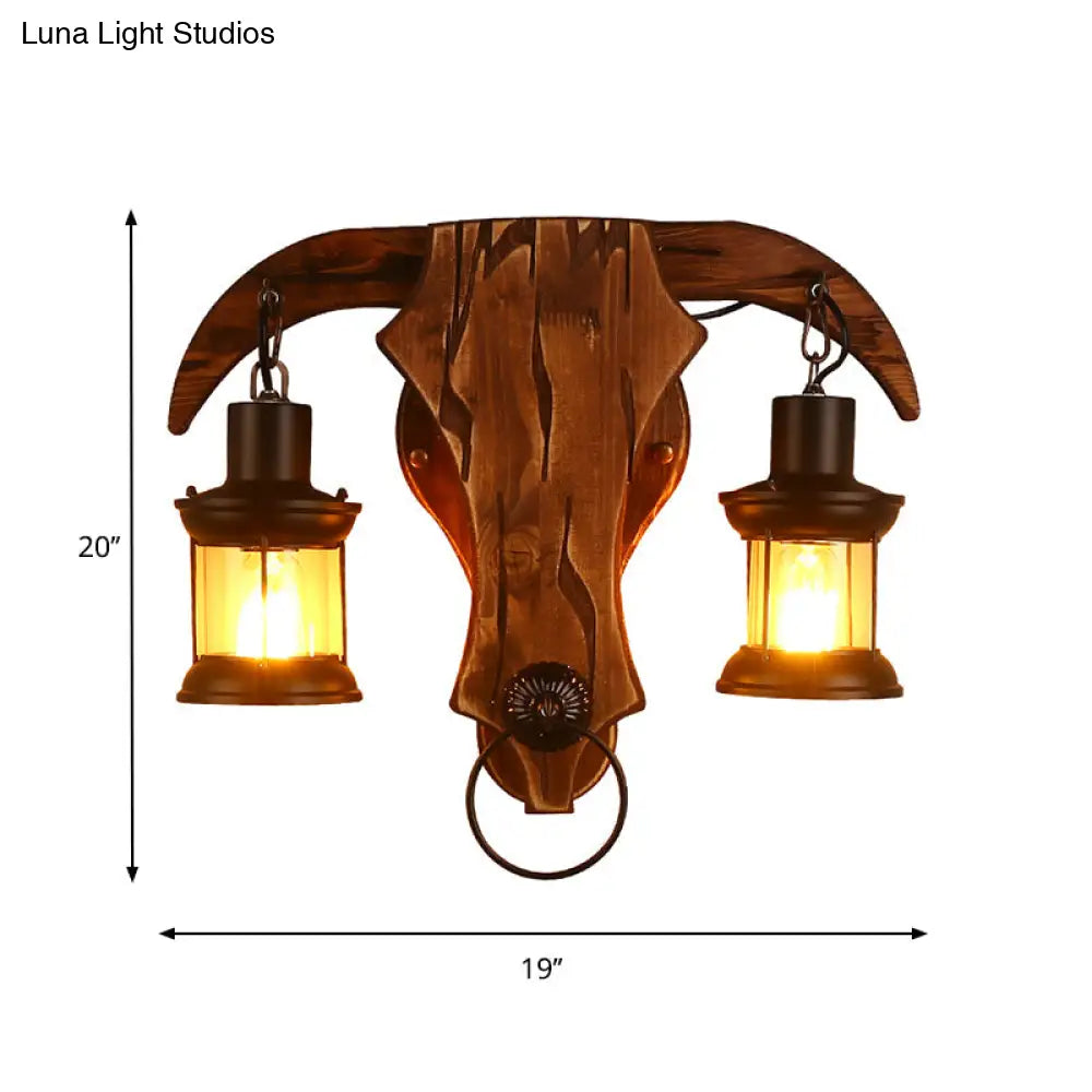 Bull Shaped Sconce Wall Lamp - Retro Style With 2 Bulbs Wood And Metal Lantern Shade