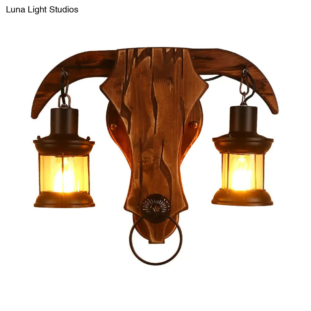Bull Shaped Sconce Wall Lamp - Retro Style With 2 Bulbs Wood And Metal Lantern Shade