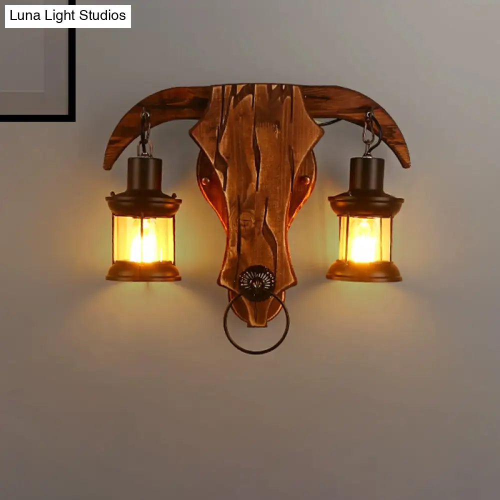 Bull Shaped Sconce Wall Lamp - Retro Style With 2 Bulbs Wood And Metal Lantern Shade