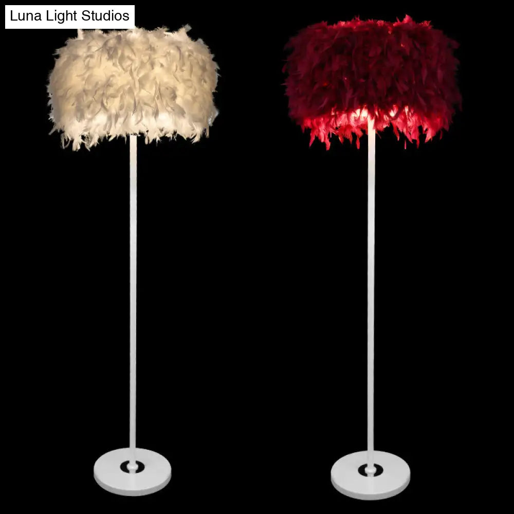 Burgundy/Purple/Pink Drum Floor Lamp - Minimalistic Feather Standing Light For Living Room