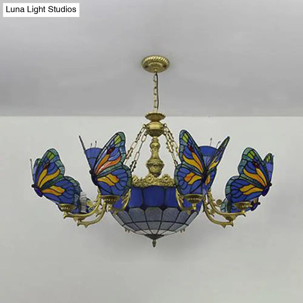 Butterfly Stained Glass Dome Chandelier With Tiffany Style Indoor Hanging Light For Foyer In