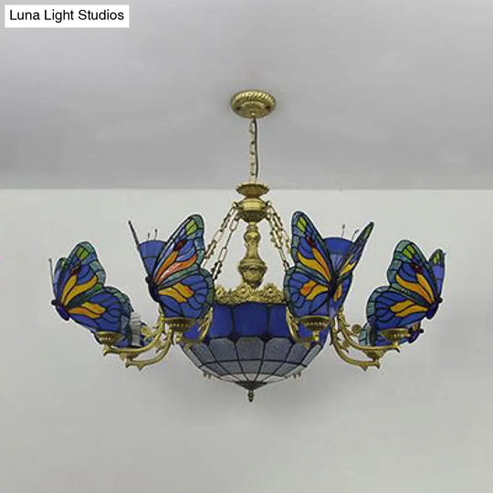 Butterfly Stained Glass Dome Chandelier With Tiffany Style Indoor Hanging Light For Foyer In