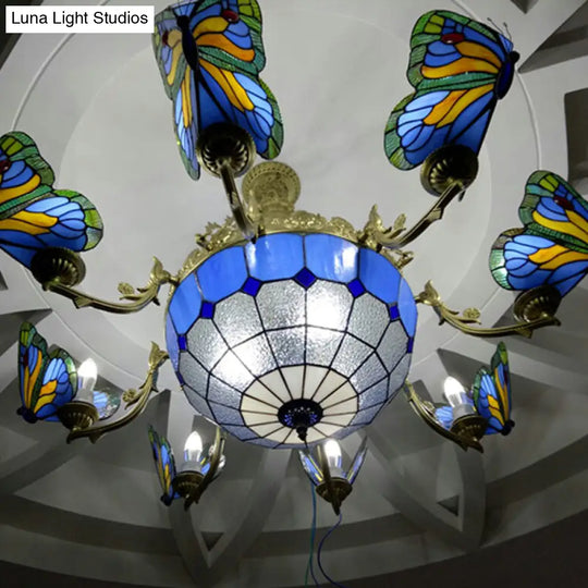 Butterfly Stained Glass Dome Chandelier With Tiffany Style Indoor Hanging Light For Foyer In