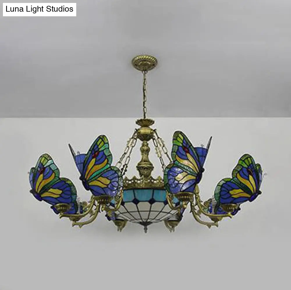 Butterfly Stained Glass Dome Chandelier With Tiffany Style Indoor Hanging Light For Foyer In