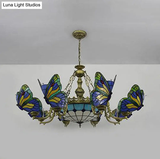 Butterfly Stained Glass Dome Chandelier With Tiffany Style Indoor Hanging Light For Foyer In