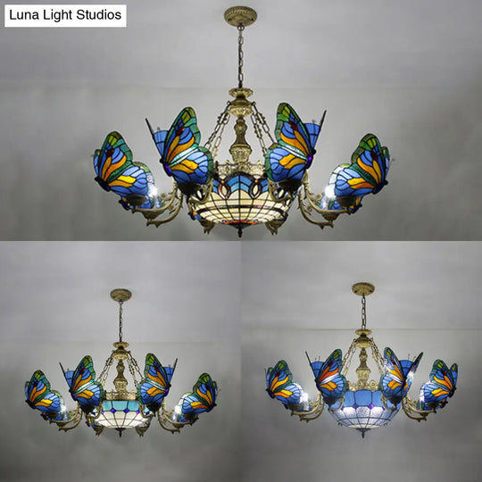 Dome Chandelier Lamp - White/Clear/Beige With Butterfly Stained Glass Tiffany Indoor Hanging Light