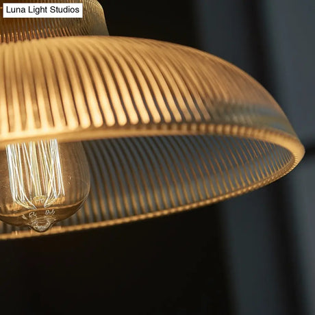 Cafe Pendant Lighting: Retro Bowl Shaped Clear Striped Glass Lamp With Brass Finish