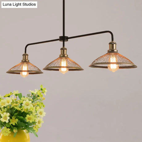 Cage Flared Island Lighting With Mesh Screen - Industrial Pendant Light For Dining Room