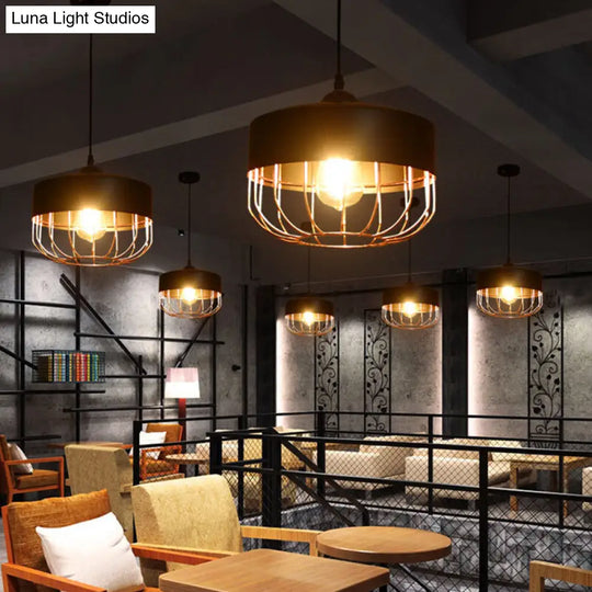 Industrial Warehouse Style Black Iron Suspension Light - Cage Restaurant Hanging Ceiling / Cylinder