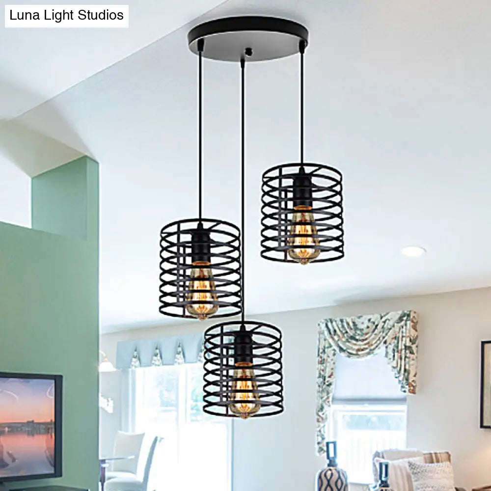 Cage Shade Industrial Hanging Light With 3 Bulbs - Cylindrical Metallic Lamp For Dining Room In